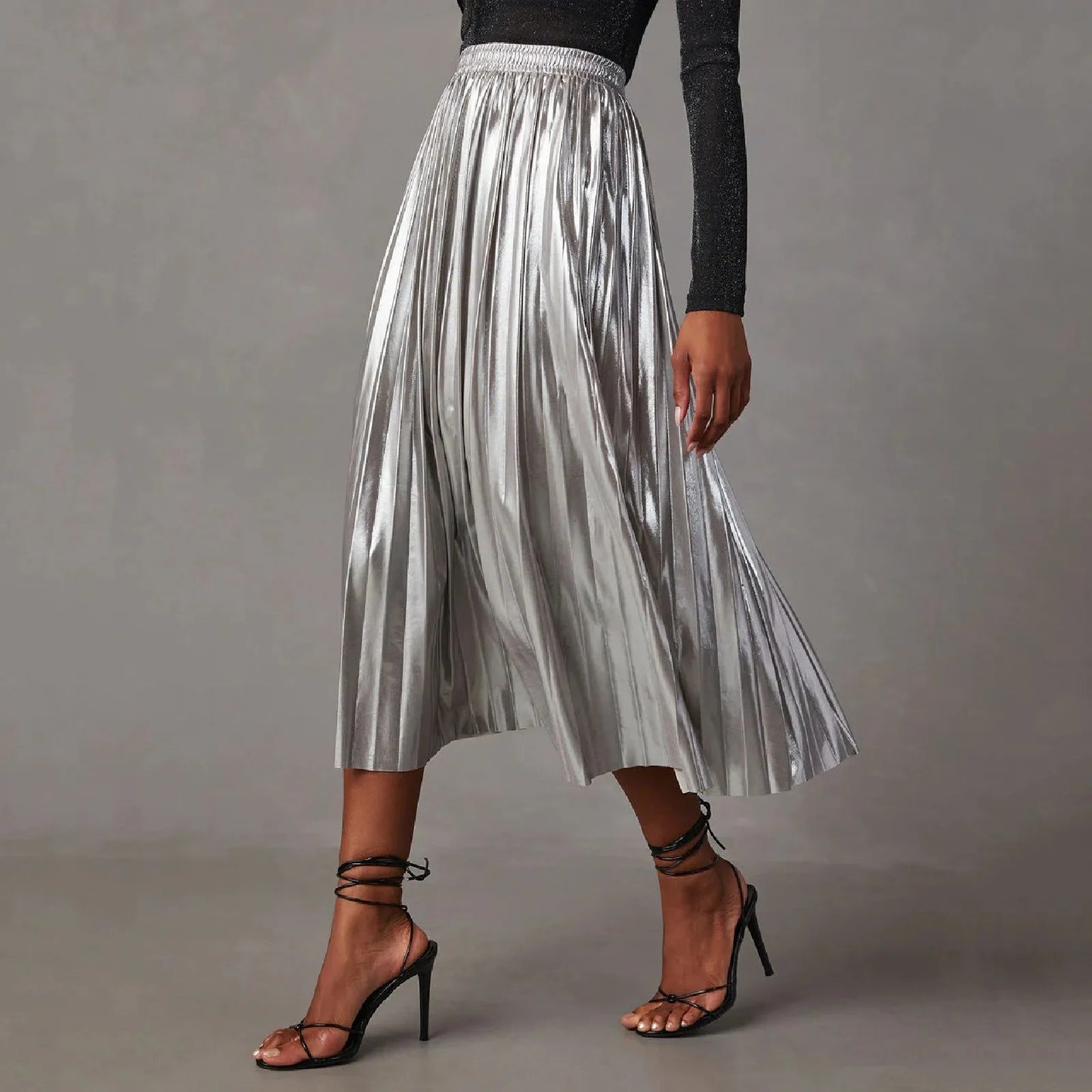 Silver A Line Skirts Hot Stamping Shiny Pleated High Waist Pleated Skirt Anti Permeability Length Autumn Shinny Korean Bottoms