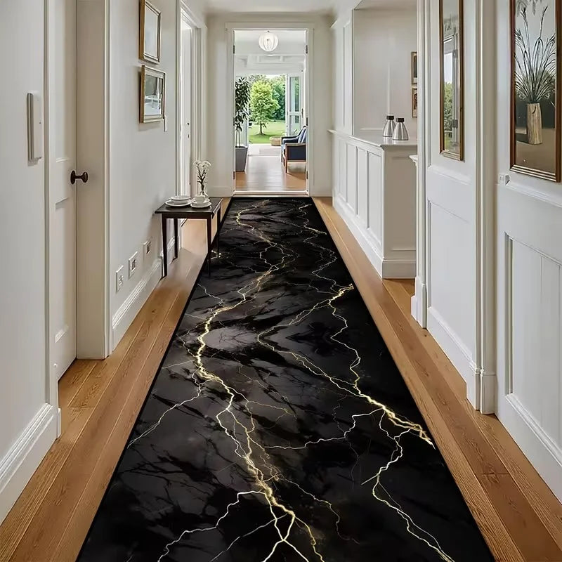 VIKAMA Black Gold Marble Vein Runner Rug Non Slip Washable Long Floor Mat for Hallway Entryway Modern Luxury Home Decor
