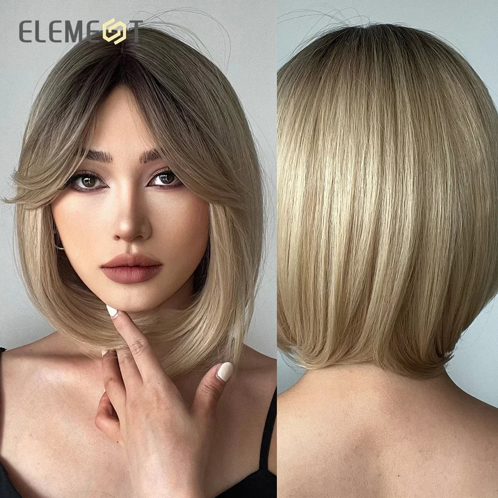 Element Medium Length Synthetic Straight Natural Brown Wigs with Side Bangs Heat Resistant Party Wigs for White/Black Women