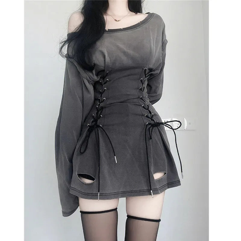 New Fairycore Grunge Goth Corset Dress Women Aesthetic Harajuku Streetwear Bandage Slim Bodycon Dress Y2k 90s Indie Clothes