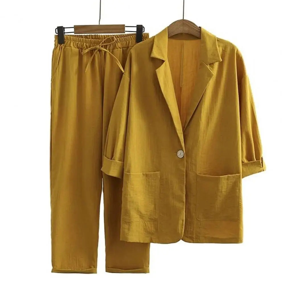 Women's cotton and linen 2-piece suit jacket trousers Spring and autumn loose fashion casual cotton and linen suit top set