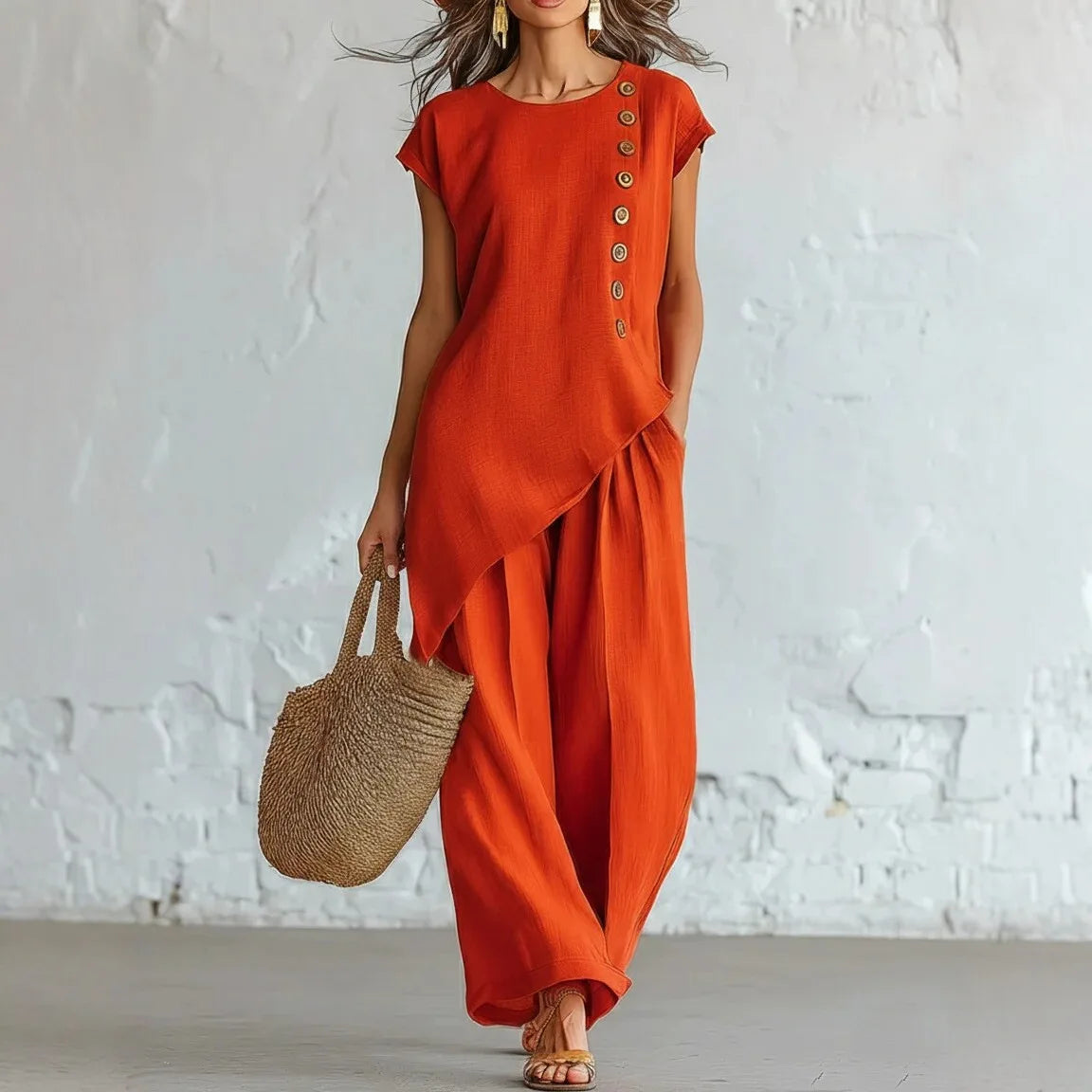 2026 Women 2 Piece Set Elastic Waist Pocket Button Decorate Wide Leg Pants+Solid Blouse Suit Casual Top Trousers Lady Outfits