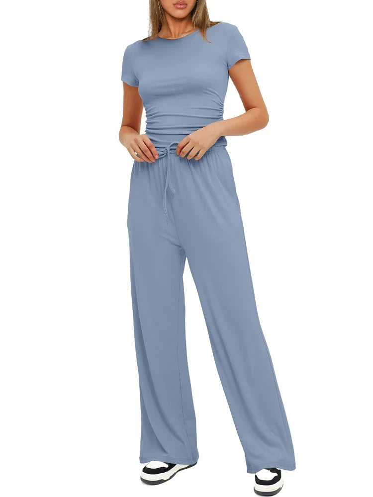 Summer Solid Loose Casual Tracksuit Women's Two Pieces Set O Neck Short Sleeves T-shirts and Wide Leg Pants Sets Sportswear Set