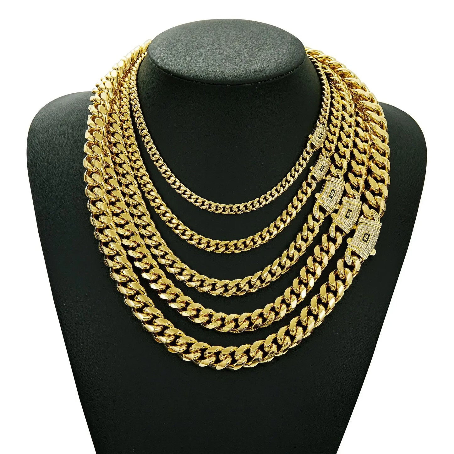 6-14mm Bling Gold Color Stainless Steel Cuban Miami Chains Necklaces
