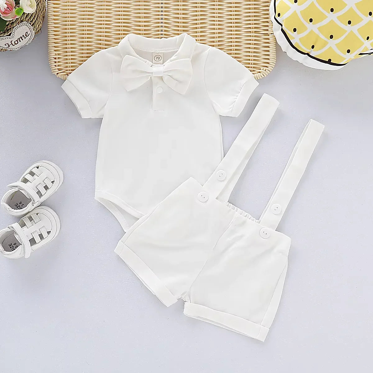 Mini Gentleman Outfit Newborn Baby Boy Formal Costumes Short Sleeve Shirt With Bow + Romper Short Pants Summer Fashion 2 Pcs Set