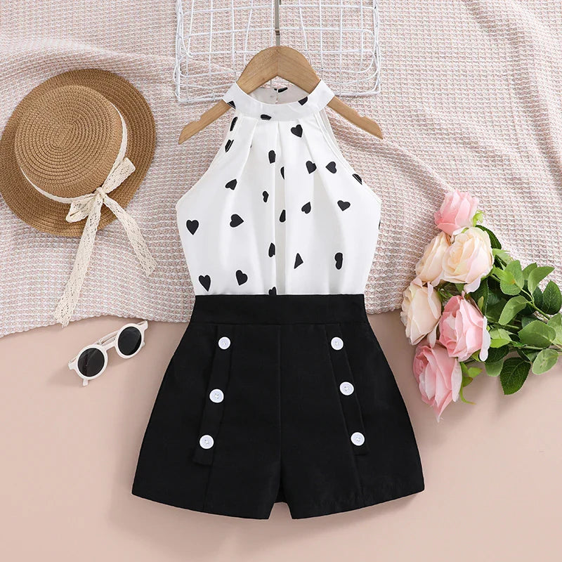 Kids Clothes Children Sets  For Little Girls 4-7 Years Fashion Temperament Hanging Neck Sleeveless Print Top Suit Shorts Suit