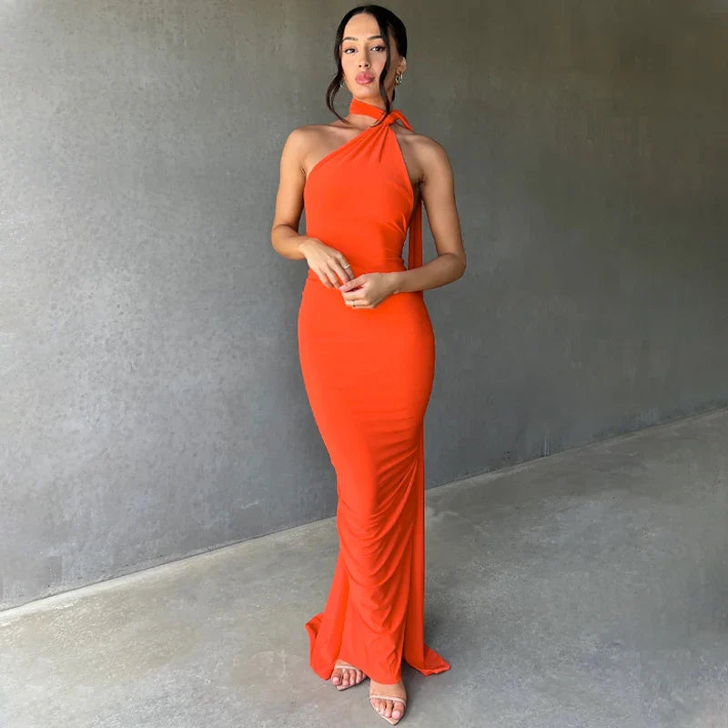 Hugcitar One Shoulder Backless Adjustable Scarf Loop Ruched Sexy Maxi Dress 2025 Women Elegant Y2K Streetwear Festival Outfit