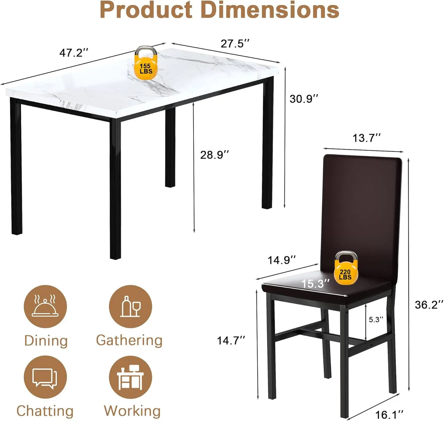 Dining Table Set for 4, Modern Kitchen & Dining Room Sets, Faux Marble Table with 4 Leather Chairs.
