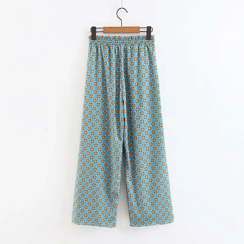 Women's Suits Sunc Spring LOOSE Blue Printed Kimono Jacket with Feather Sleeves Wide Leg Pants Two-piece Viintage Clothing Suits