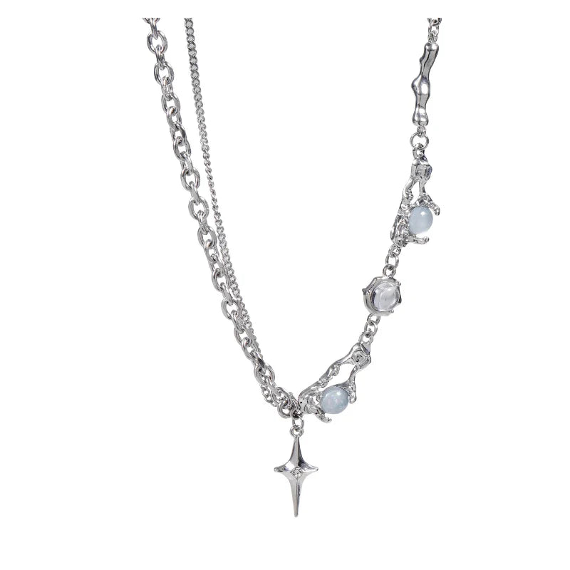 Kpop Fashion Shiny Star Necklace for Women Y2K Crystal Zircon Cross Pendant Necklaces Girls Antique Silver Color Clavicle Chain