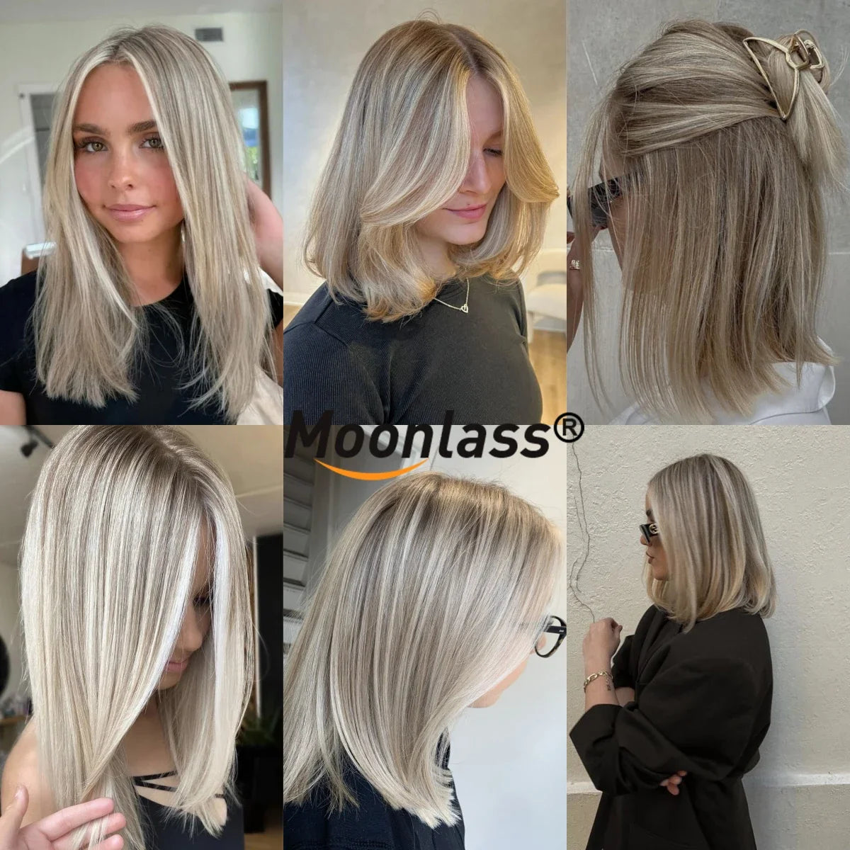 Moonlass Highlight Velvet Grey Gold Short Bob 100% Human Hair Wig 190% Density Salon Hair Color Wig 13x6 Upgrade Nude Lace Wigs