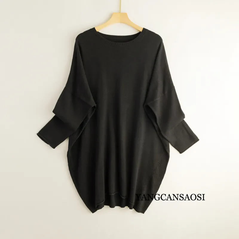 Silk Cashmere Sweater Women's Mulberry Silk Round Neck Solid Color Bottomed Shirt Top Medium Long Batwing Sleeve Loose Sweater