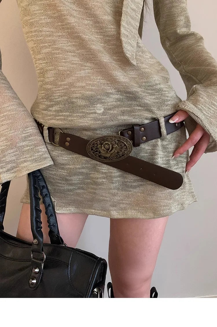 N Retro Ethnic Belt Y2K Bohemian Dress With a Wide Brown Belt