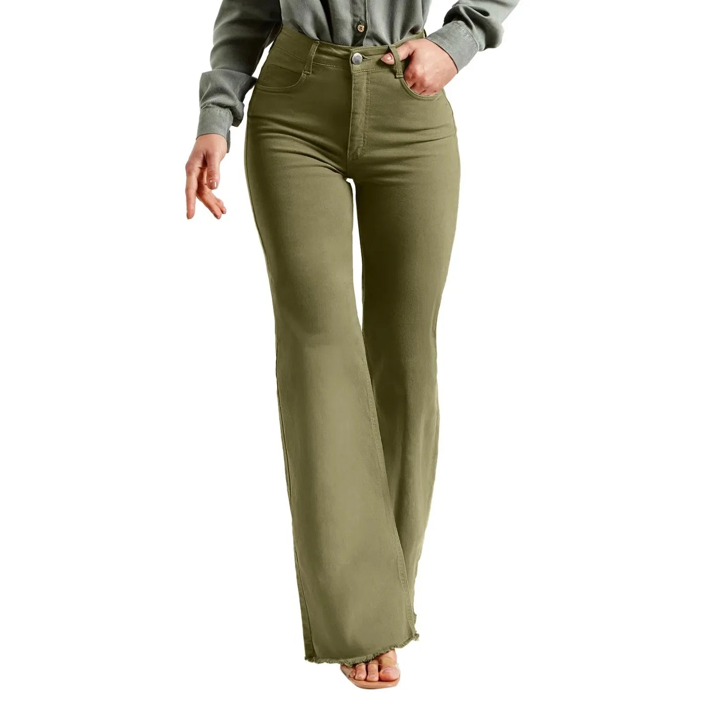 Jeans For Women High Waist Womens Casual Denim Pants Jeans Green Color Bell Jeans Flared Denim Jeans 여성바지