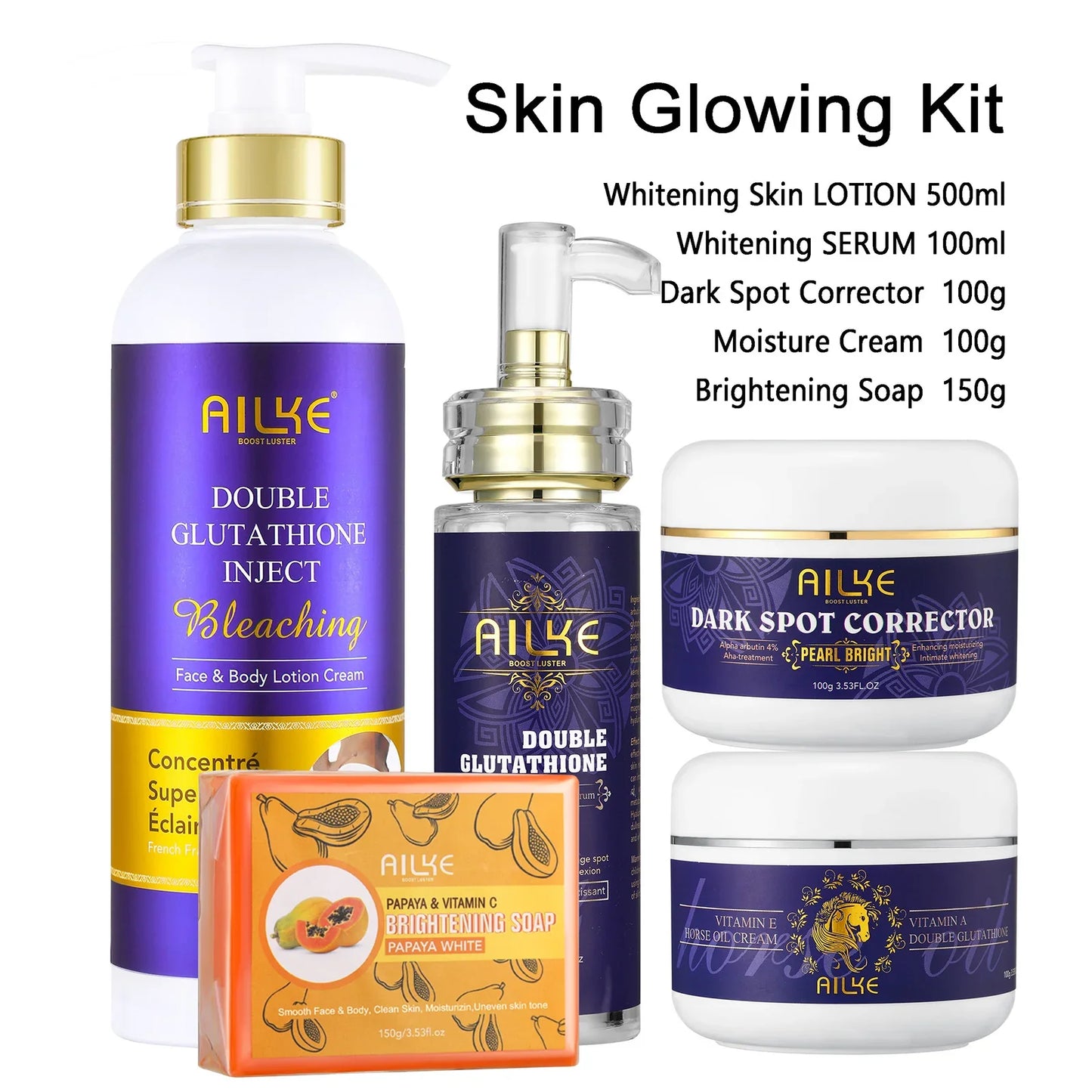 AILKE Glutathione 5-in-1 Women Skin Care Kit, With Body Lotion,  Serum, Stains Removal Cream, Body Cream, Brightening Soap