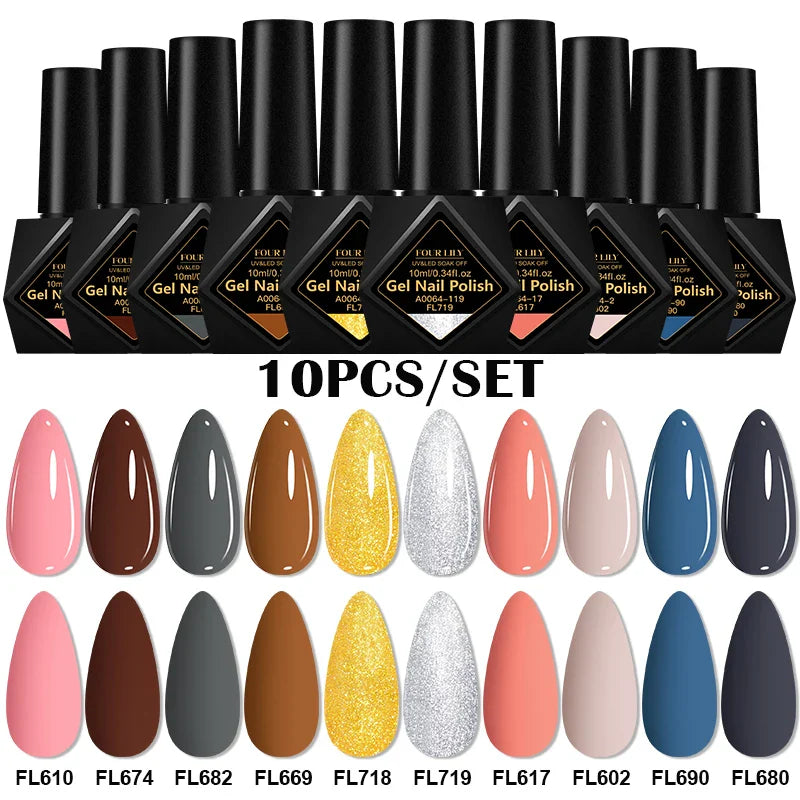 10pcs 10ml Gel Nail Polish Set, HEMA TPO Free, Red ,Coffee Brown, Semi Permanent Soak Off ,UV Gel Varnish For Winter Nail Supplies.