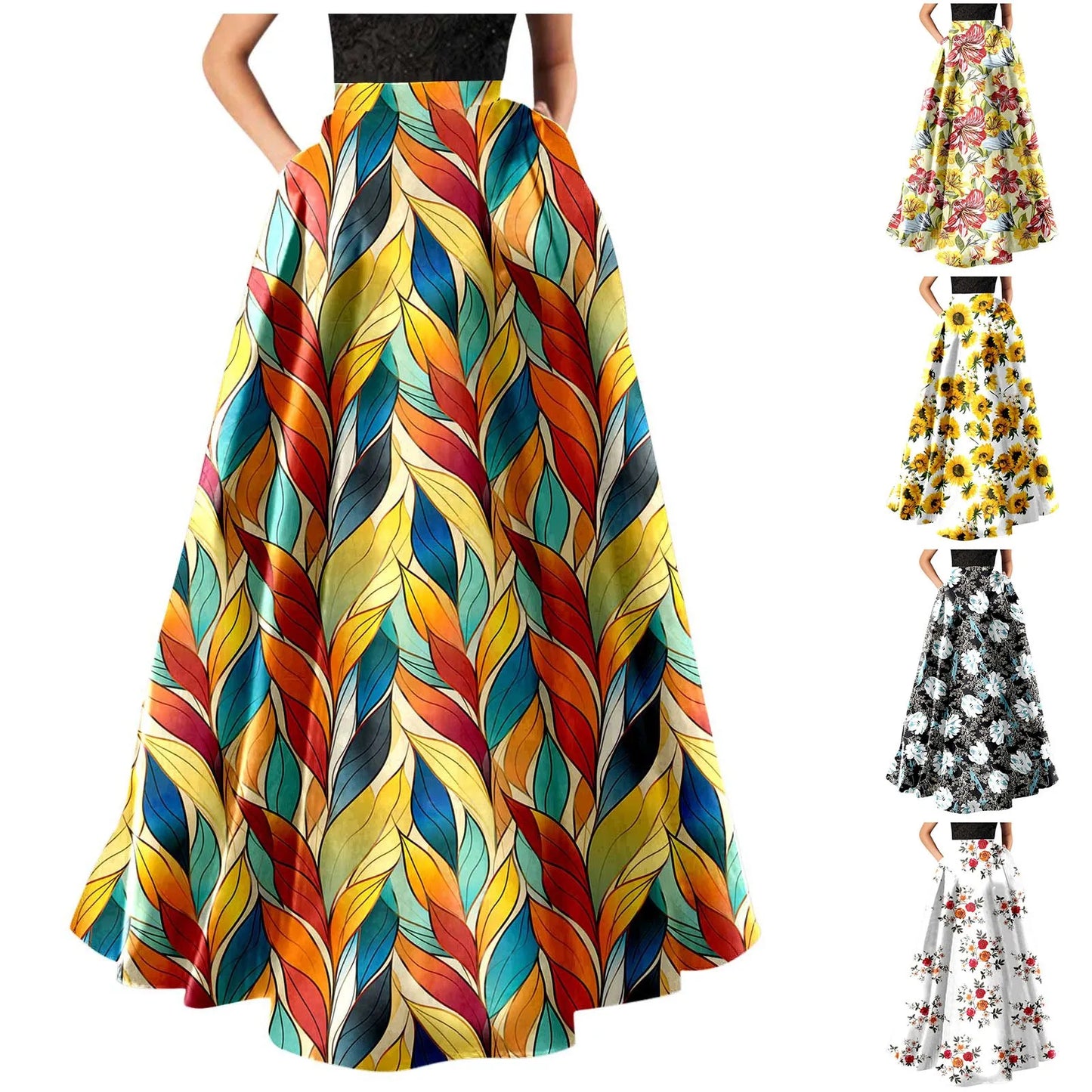 Bohemian Skirts For Women High Waisted Beach Maxi Skirt Wth Pockets Boho Floral Print Skirts Summer A Line Flowy Skirt 롱스커트