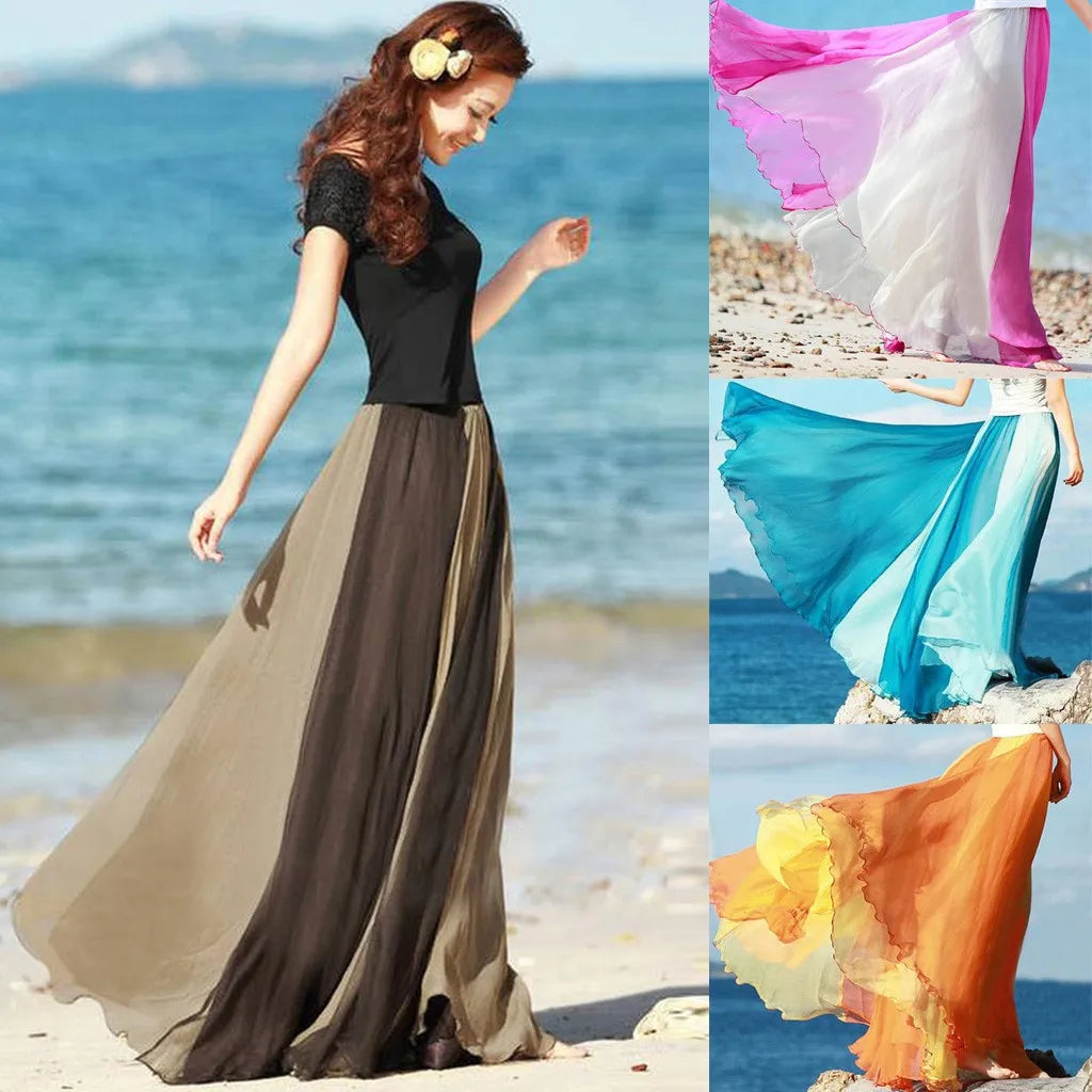 Summer Bohemian Skirt For Women Fashion Chiffon Color Matching A Bottomed Skirt Streetwear Falda Seaside Large Swing Skirts