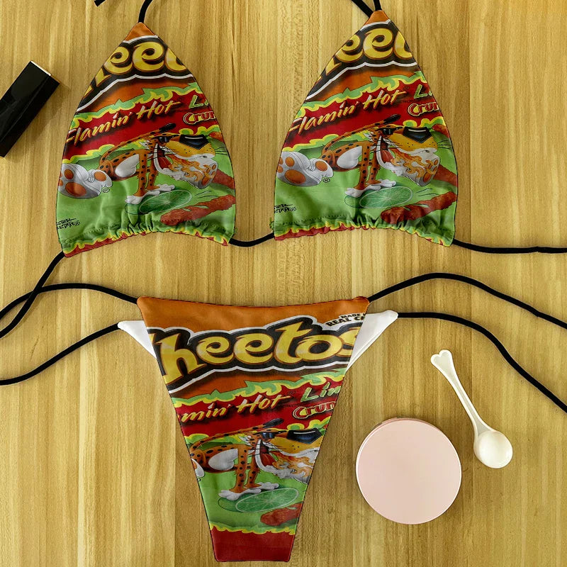Funny food and potato chip print summer swimsuit women sexy bikini panties thong G-string swimming trunks beachwear