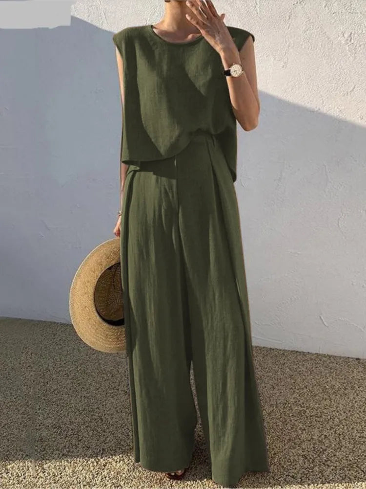 Lady Casual Loose 2 Piece Sets Fashion O-Neck Sleeveless Pullover Tops+wide Leg Pants Two Piece Sets For Women Summer Office New