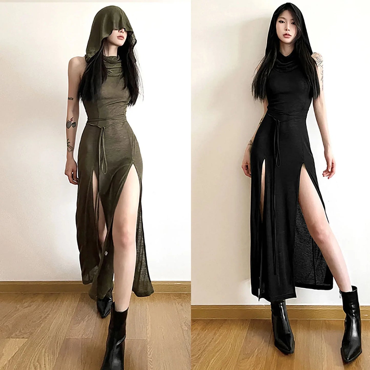 Women's Summer Fashion Dresses Personality New Hooded Loose Solid Color High Split Sexy Bandage Dress Goth Cosplay Sundresses