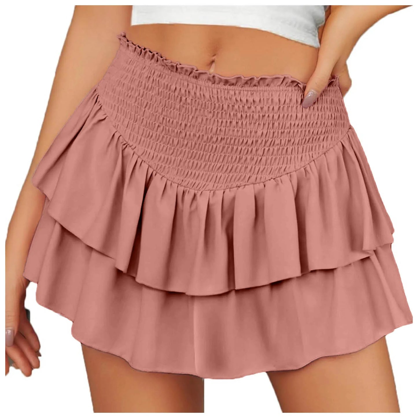 Womens High Waist Ruffle Flowy Mini Skirts Stretchy Lined Layered Pleated Casual Beach Short Skirt Solid Color Sweet Dress