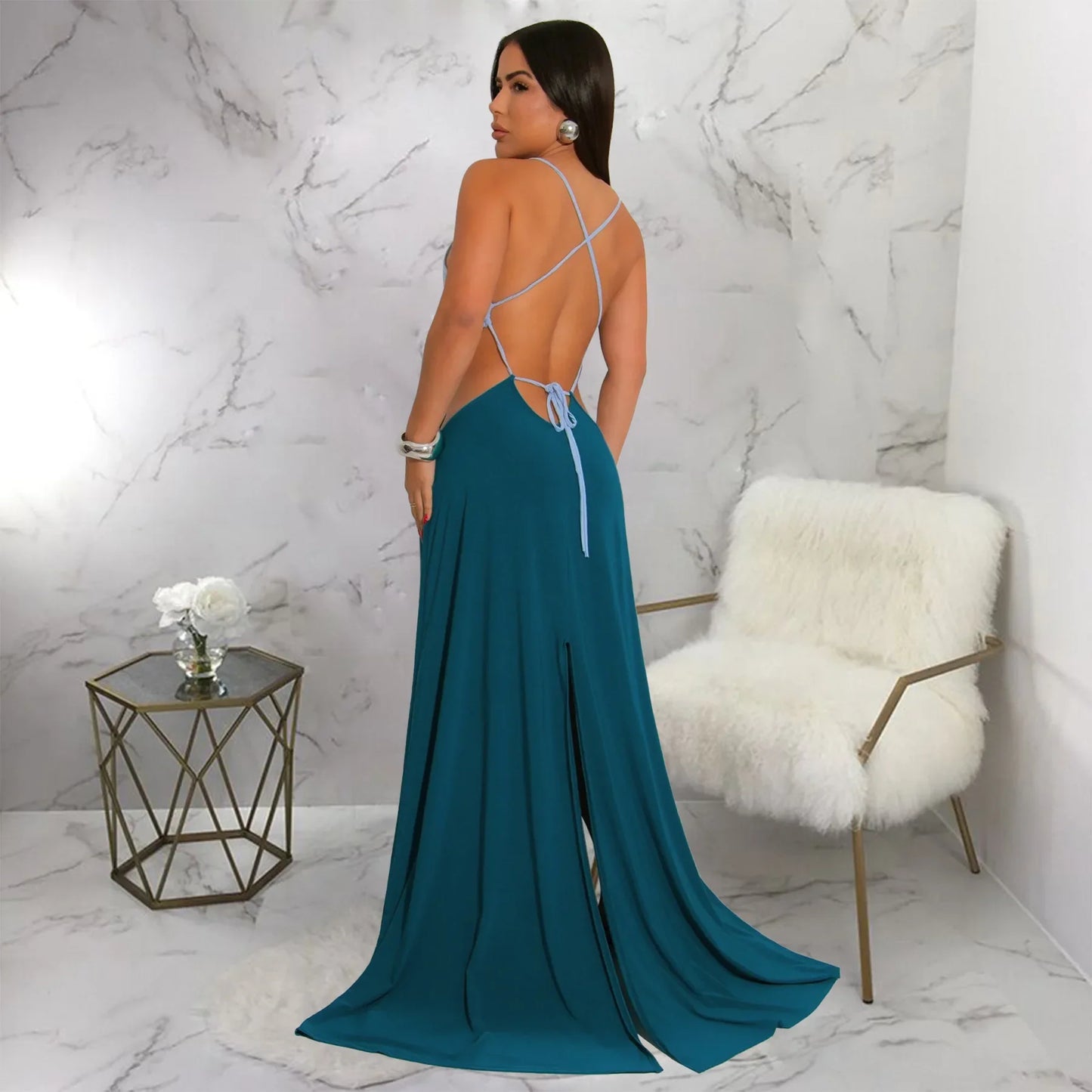 CM.YAYA Women Strap Backless Big Swing Split Maxi Long Dress 2025 Hollow Out Birthday Sexy Club Party Evening Dresses Vestidos