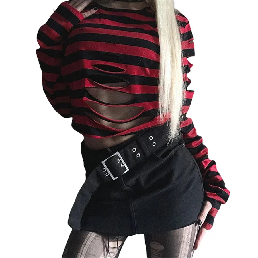 Gothic Black Striped Holes Ripped T-Shirts Women Grunge Punk Aesthetic Clothes Long Sleeve O Neck Cropped Pullovers Streetwear