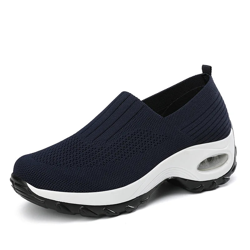 Breathable Mesh Slip-On Sports Shoes Comfortable Thick Bottom Heightening Walking Shoes for Women Casual round Toe Rubber Sole