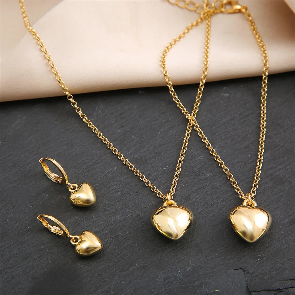Exquisite Heart Earrings Necklace Women's Bracelet Fashion Simple Romantic Pendant Gold Color Jewelry Set 2023 New Trendy Gifts