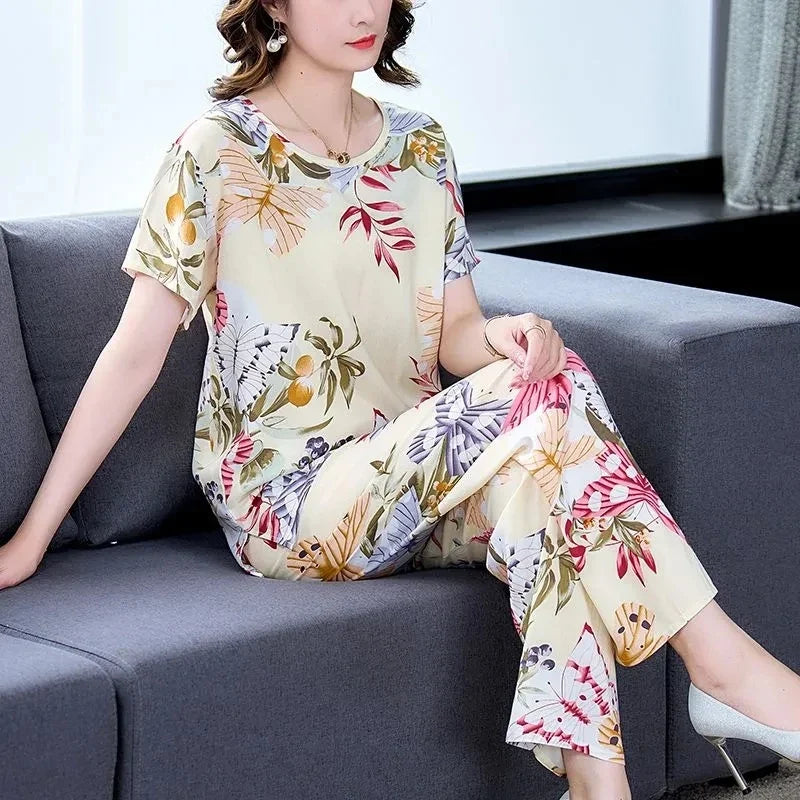 Cotton Silk Suit Summer Women's Sets New Casual Solid Color Short Sleeve Ankle-Length Pants 2 Piece Set Middle Age Mother Outfit