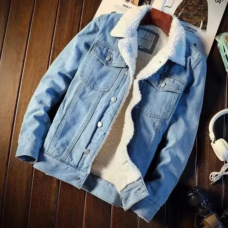 Winter Fleece-lined Thickened Denim Jacket  Loose Fit.