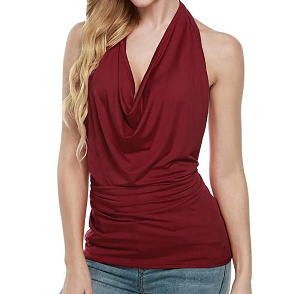 Vintage Tank Top Women Clothes Summer Backless Halter Vest Sexy Drape Cowl V Neck Women's Sleeveless Beachwear Solid Shirt Blusa