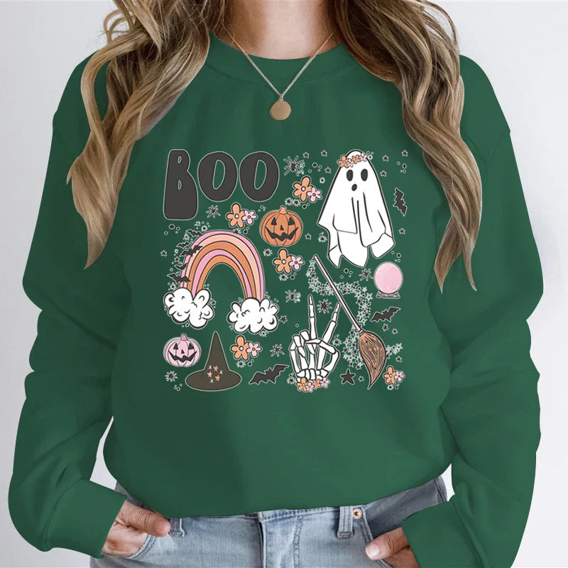Halloween Ghost Sweatshirt Women Pumpkin Skeleton Hand Graphic Funny Hoodies The Boo Pumpkin Ghost Vintage Halloween Sweatshirt