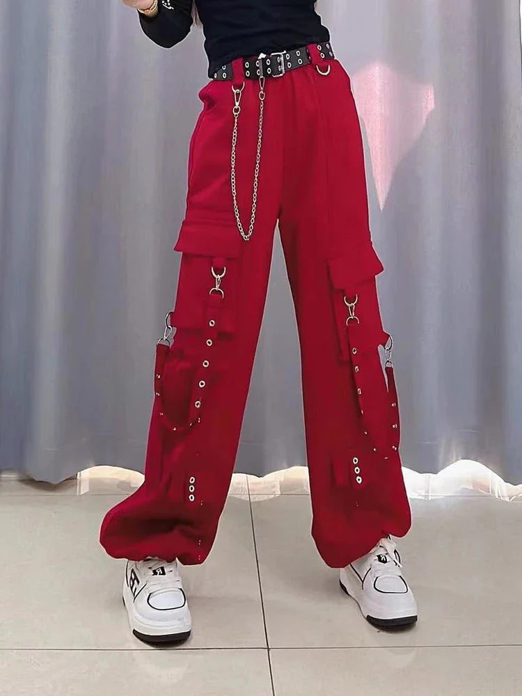Women's Red Baggy Cargo Pants Vintage Y2k Harajuku Aesthetic Streetwear Oversize Pants High Waist Wide Trousers 2000s Clothes