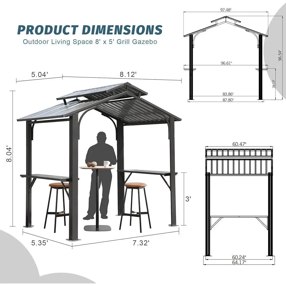 Hardtop Grill Gazebo Canopy Outdoor BBQ Shelter with Double Galvanized Steel Roof Side Shelves Ceiling Hooks and Built-in Bottle
