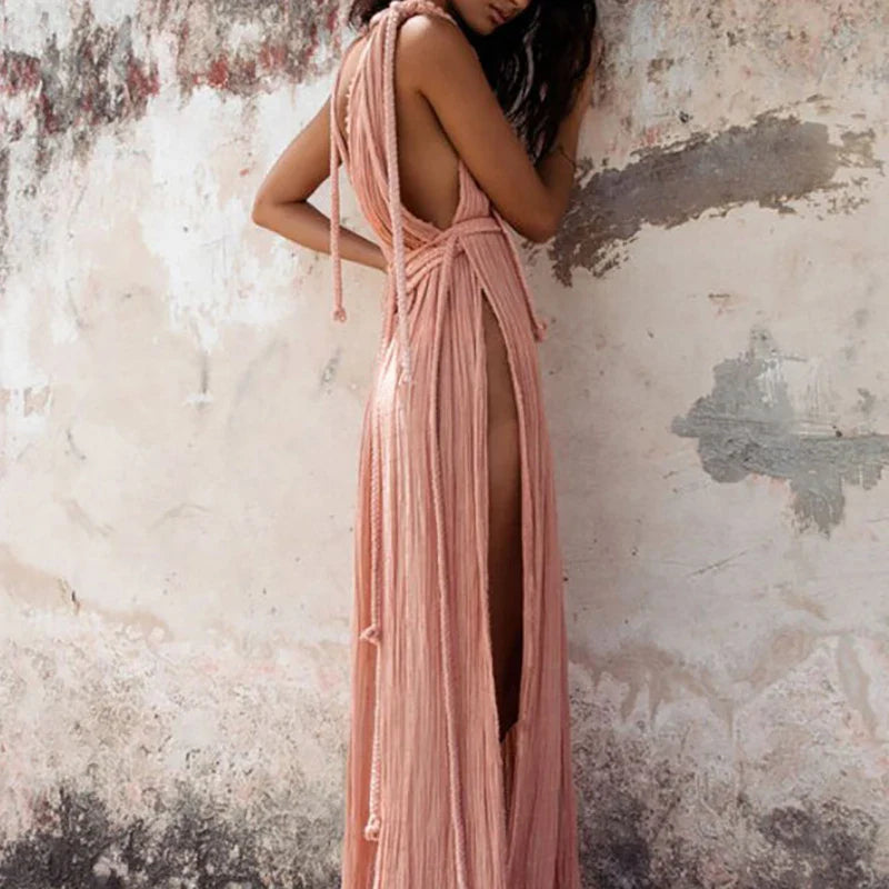 Sexy Deep V-neck Bandage Robe Long Dress 2024 Women Elegant High Waist Split Solid Party Dress Summer Fashion Pleated Maxi Dress