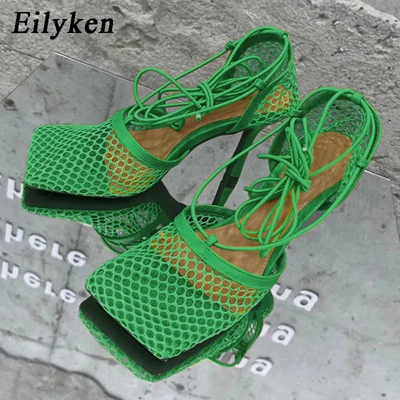 Eilyken 2023 New Sexy Mesh Pumps Sandals Female Square Toe High Heel Lace Up Cross-Tied Stiletto Hollow Shoes