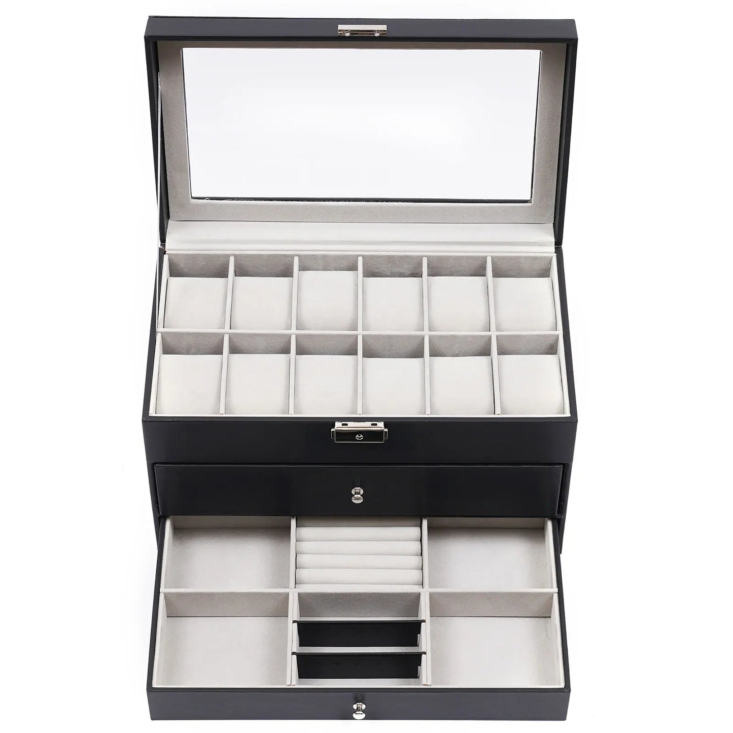 3 Layer Leather Watch Box with Glass Window for 12 Watch Eyeglasses&Sunglasses Jewelry Display Drawer Case Organizer Black