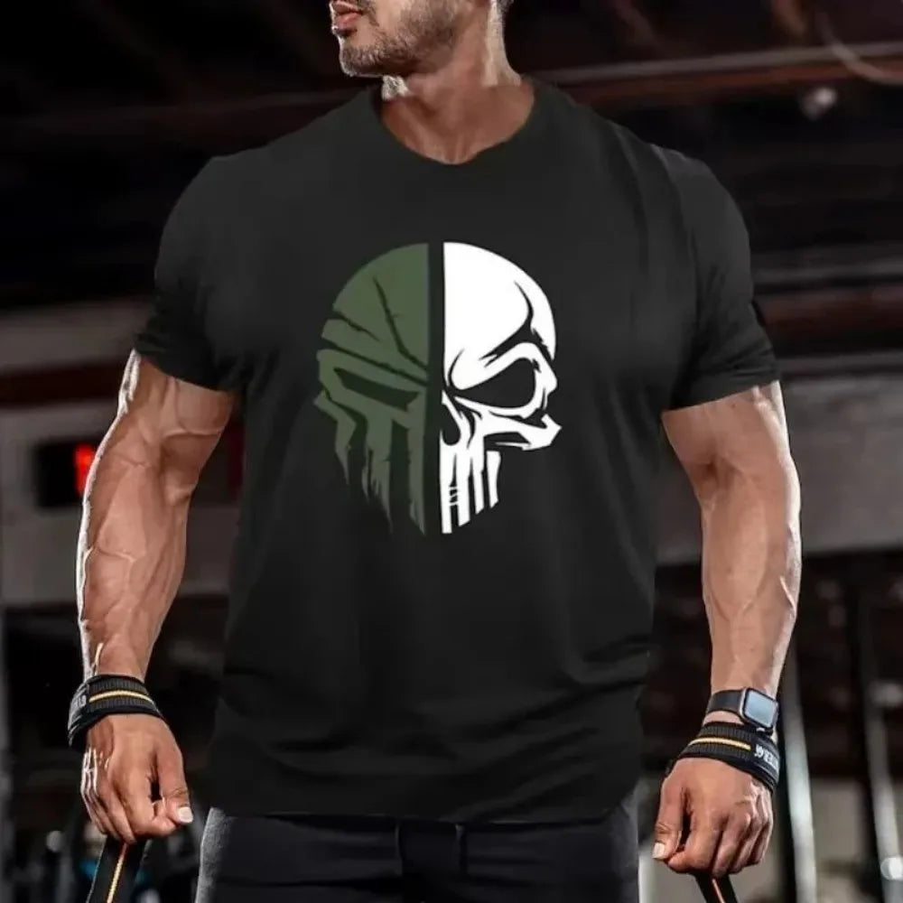 New hot selling men's digital skull print round neck T-shirt.
