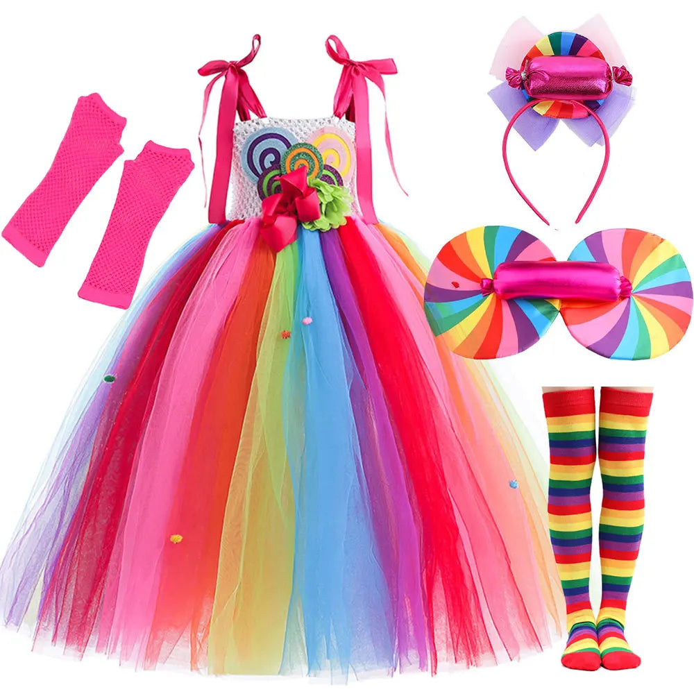 Delicate Princess Lollipop Fairy Costume Girls Halloween Candy Role Play Dress up Kid Carnival Purim Party Cute Vestidos Rainbow