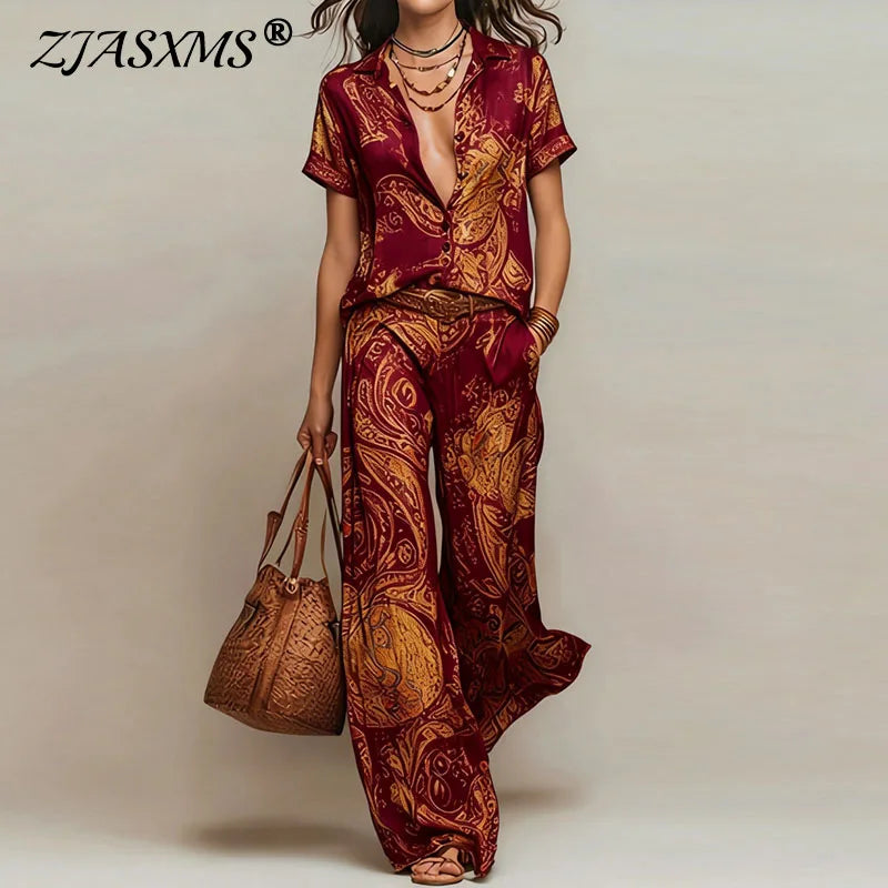 Vintage Printed Two Piece Suits Women Glossy V Neck Pocket Short Sleeve Tops & Wide Leg Trousers Sets Chic Holiday Travel Outfit