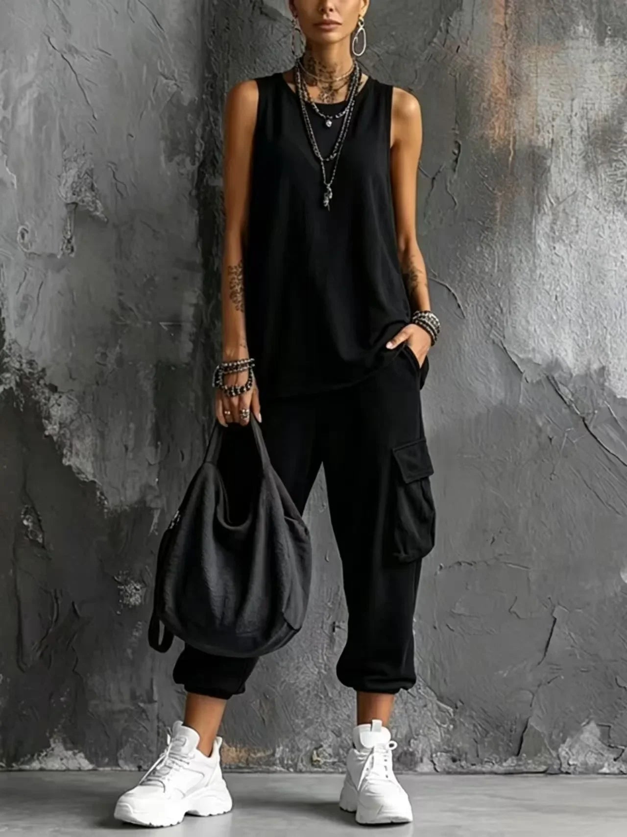 Solid Color Sports Two-piece Set Summer Fashion Sleeveless Top+wide Leg Pants Suit With Pockets Ladies O-neck Streetwear Outfit