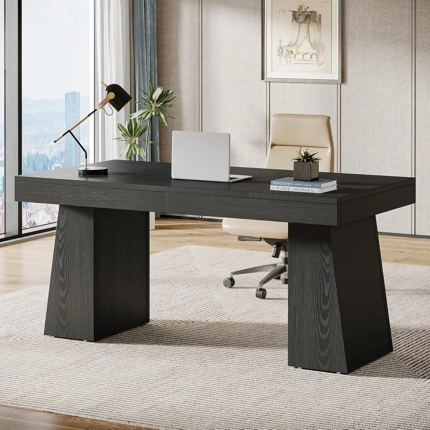Executive Desk, Modern Home Office Desk with Trapezoid Base, Wood Computer Desk Workstation Small Conference Table.