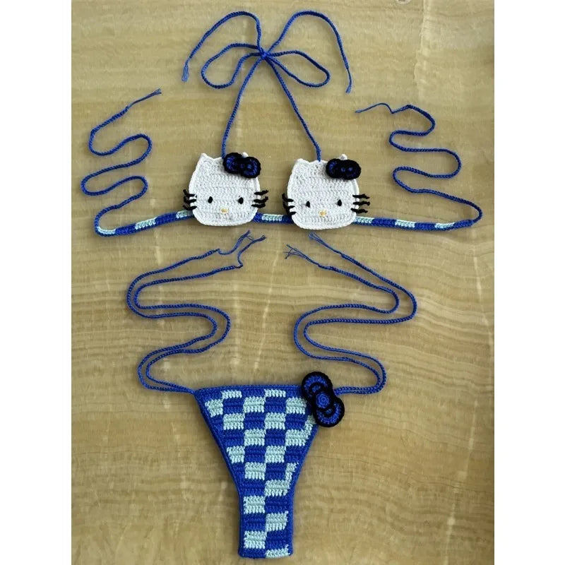Cute Crochet Bikini Set 2 Pieces Lady's Bathing Suits Sexy Micro Bikinis Ties Swimsuit Thong Swimwear Kwaii Womens Swimming Suit