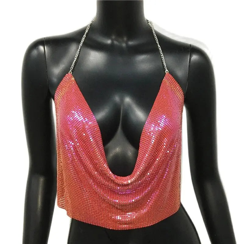 AKYZO Women 2023 Sexy Metal Sequined Tank Camis Summer Gold Silver Backless Cropped Glitter Beach Club Show Wear Tank Tops