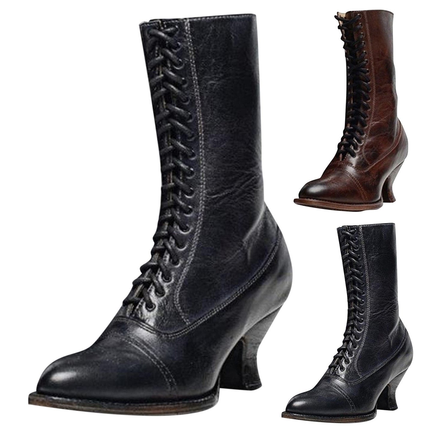 Gothic Women's Boots Toe Heel Ankle Lace Up Pointed toe Boots High Vintage Stretch Cross Tied Shoes zapatos para mujeres