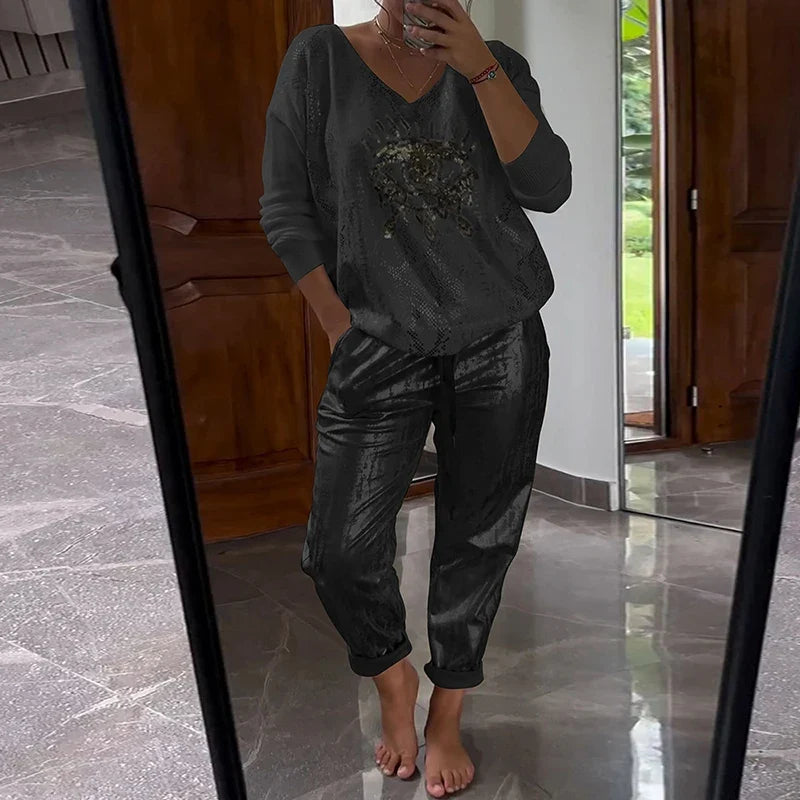 Women's Gold Shining Eye 2 Piece Set Long-Sleeved Top V-Neck Pullover Bronzing Pants Outfit Lace-up Loose Suit Spring Summer