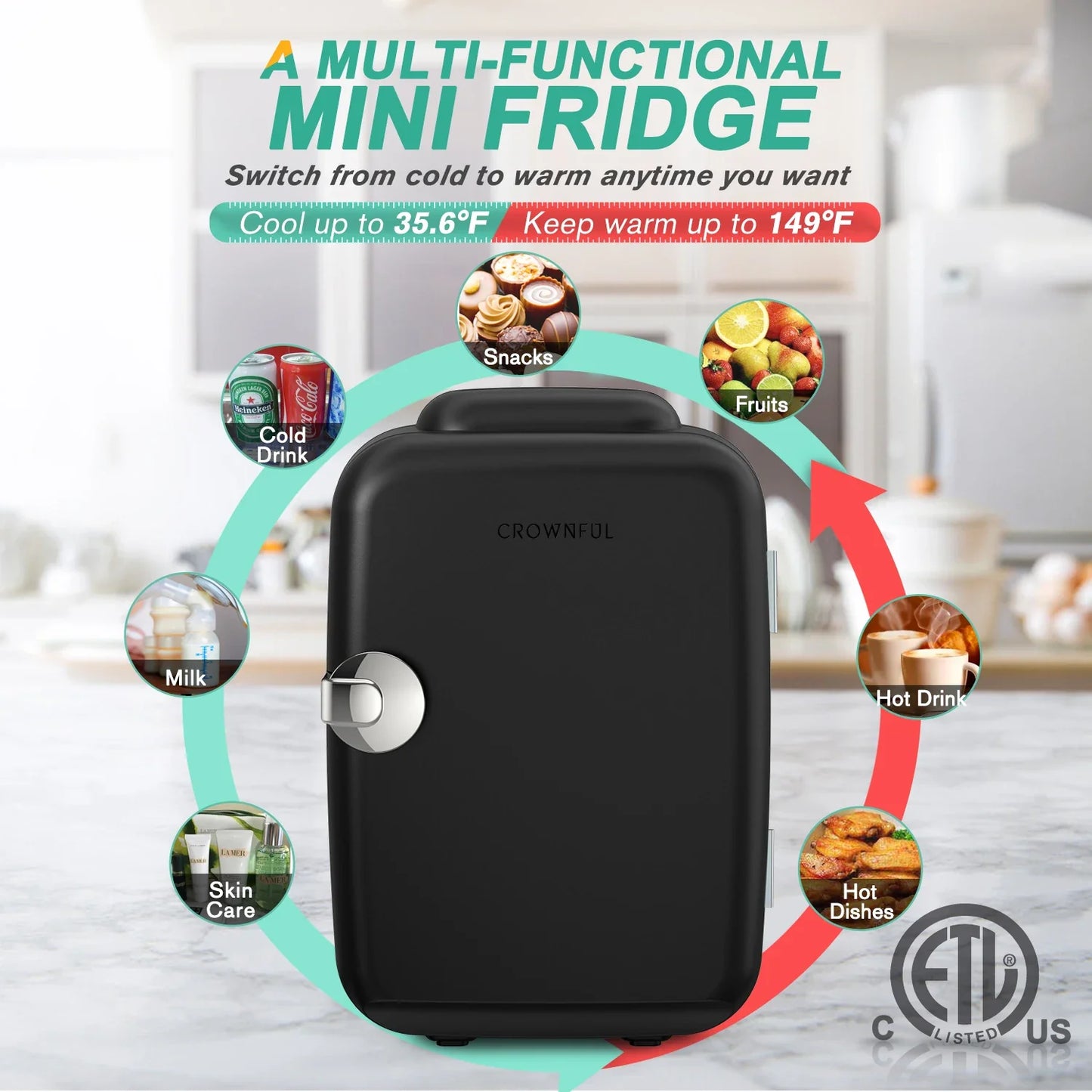 Crownful 4L Mini Fridge 110V, 220V Beauty Makeup Skincare Refrigerator, AC/DC Heated Cooling Beauty Refrigerator, Car Mini Fridge.