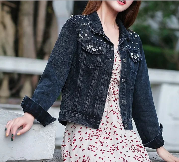 2024 Autumn Trendy Women's Pearl-Studded Denim Jacket Korean Fashion Streetwear Outfits Plus Size Chic Loose Short Jean Jacket